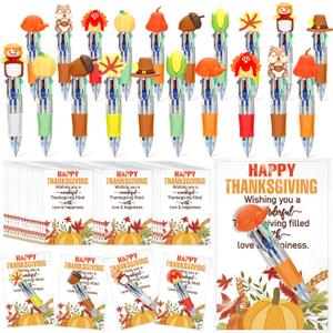 50 Sets Thanksgiving Gifts Bulk Include 4-in-1 Pen Multicolor Pen Cute Autumn Pumpkin Maple Greeting Card Thanksgiving Party Favor Fall Gifts for Reward Employee Coworker