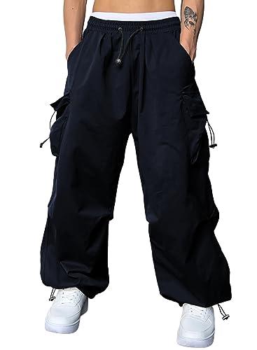 JMIERR Casual Lounge Baggy Streetwear Sweatpants Parachute Pants for Men Fasion Loose Fit Wide Leg Rap Travel Pants with Drawstring High Waist Fall Essentials Outfits Retro 80s,XL,Navy Blue