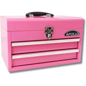 Apollo Tools 14 Inch Steel Tool Box with Deep Top Compartment and 2 Drawers in Heavy-Duty Steel With Ball Bearing Opening and Powder Coated Finish - Pink Ribbon - Pink - DT5010P