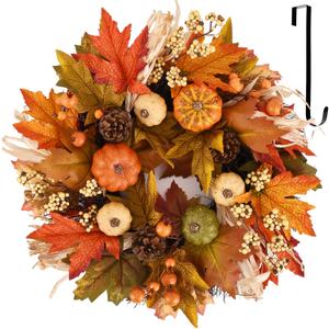 Fall Wreaths for Front Door, 20inchs Autumn Wreath with Hangers Pumpkin Maple Autumn Harvest Wreath Fall Decorations for Home Ideal Thanksgiving Decorations Wall Window Party Decor Indoor Outdoor