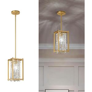 LMQNINE Dining Room Light Fixture Semi Flush Mount Ceiling Light, Industrial Farmhouse Chandelier Gold Metal Crystal Pendant Light for Hallway Balcony Kitchen Island (Square 1-Light) (Square-6.29in)