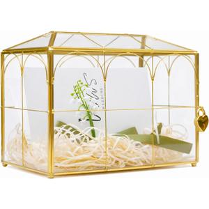 Wedding Card Box with Slot and Lock, 10.2'' Glass Card Boxes for Reception, Gold Decorative Card Holder, Clear Reusable Keepsake Storage for Wedding, Party, Baby Showers, Tabletop Decor