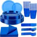 WELLIFE 210Pcs Clear Blue Plastic Plates,Blue Plastic Dinnerware Set,Party Supplies Including Clear Plates, 12OZ Cups, plastic Cutlery and Paper Napkins Serve 30 Guests, Disposable Plates for Party