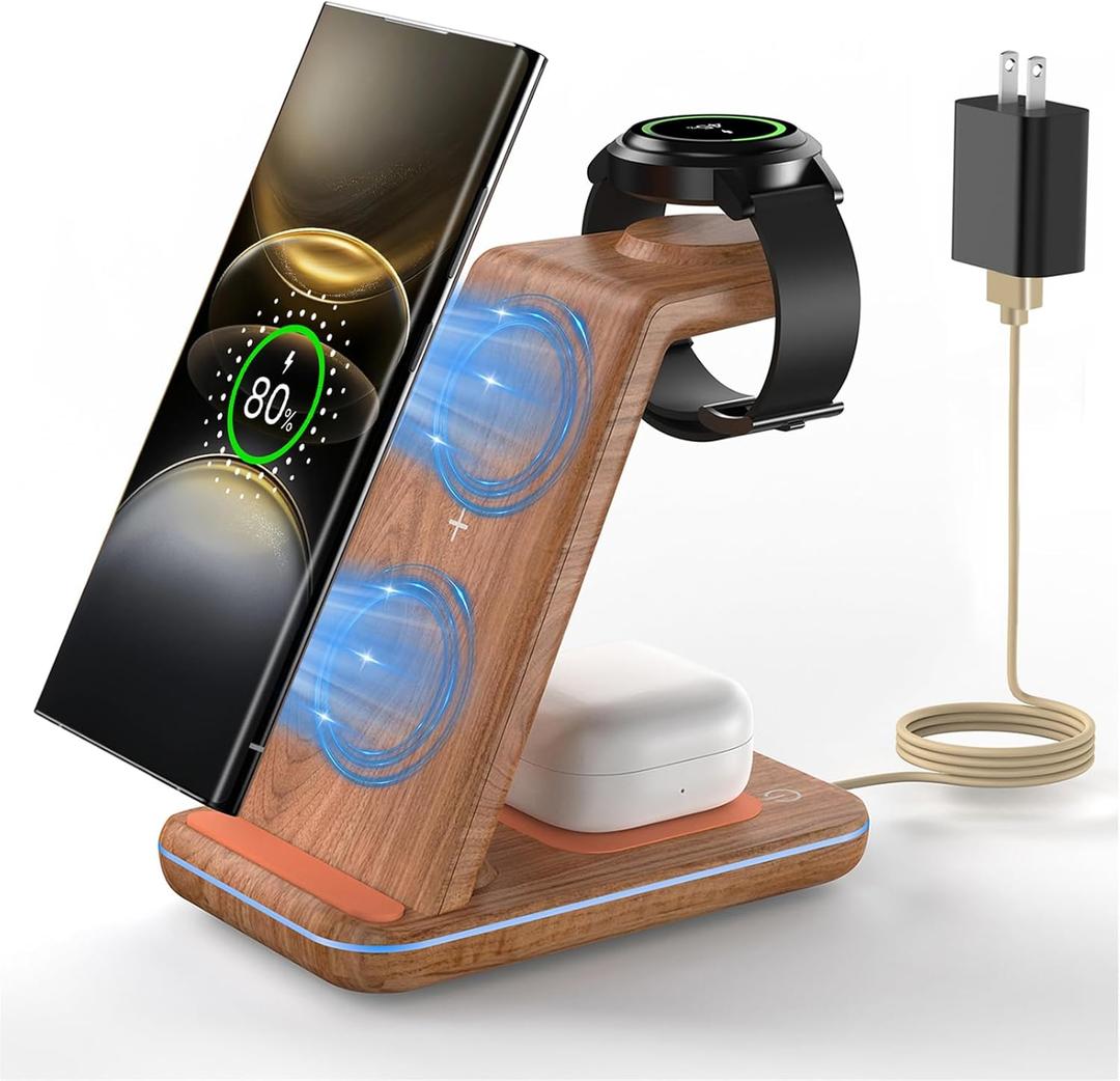 Wireless Charger Station for Samsung Product: JoyGeek 3-in-1 Phone Charging Stand for Galaxy Watch7 Pro/7/6/5/4/3/Active2/1 - S25/S24/S23/S22/S21/S20/S10/S9/S8/Note 20/10/9/8 Z Fold&Flip - Buds 3 Pro (Woodgrain)