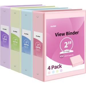 SUNEE 3 Ring Binders 2 Inch 4 Pack, Clear View Binder Three Ring PVC-Free (Fit 8.5x11 Inches) for School or Office Supplies, Assorted Pastel