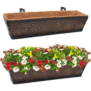 Halatool 2 Pack 30 Inch Window Box with Coco Liner Sturdy Metal Deck Railing Planter with Coconut Coir Basket Liners for Windowsill Fence Porch Balcony and Patio Outdoor Indoor Lawn