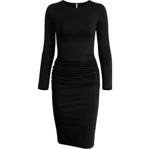 Missufe Women's Long Sleeve Ruched Casual Sundress Bodycon Sheath Knee Length Dress (Black)