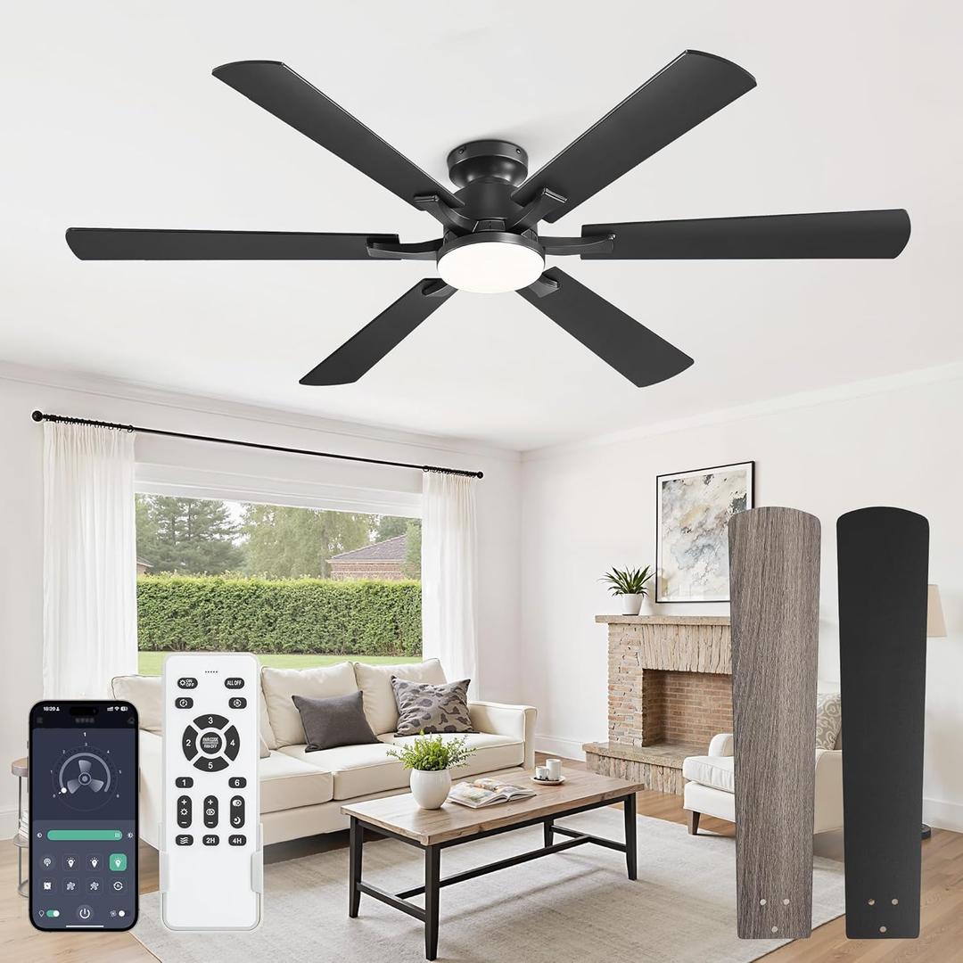 Fanbulous 60 Inch Ceiling Fan with Lights, APP & Remote Control, Flush Mount Low Profile Black Ceiling Fan, 3000-6000K Dimmable LED, Quiet Reversible Motor, 6 Blades, 6 Speeds, for Bedroom Living Room