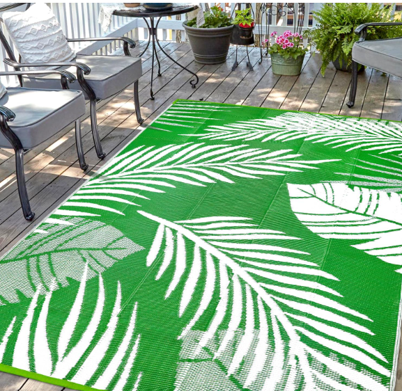 Waterproof Outdoor Rug 8x10ft, Green Leaf Reversible Plastic Straw Mat for Patio RV Deck Porch Backyard Balcony Camping Picnic Beach Indoor Outdoor Carpet, Green&White