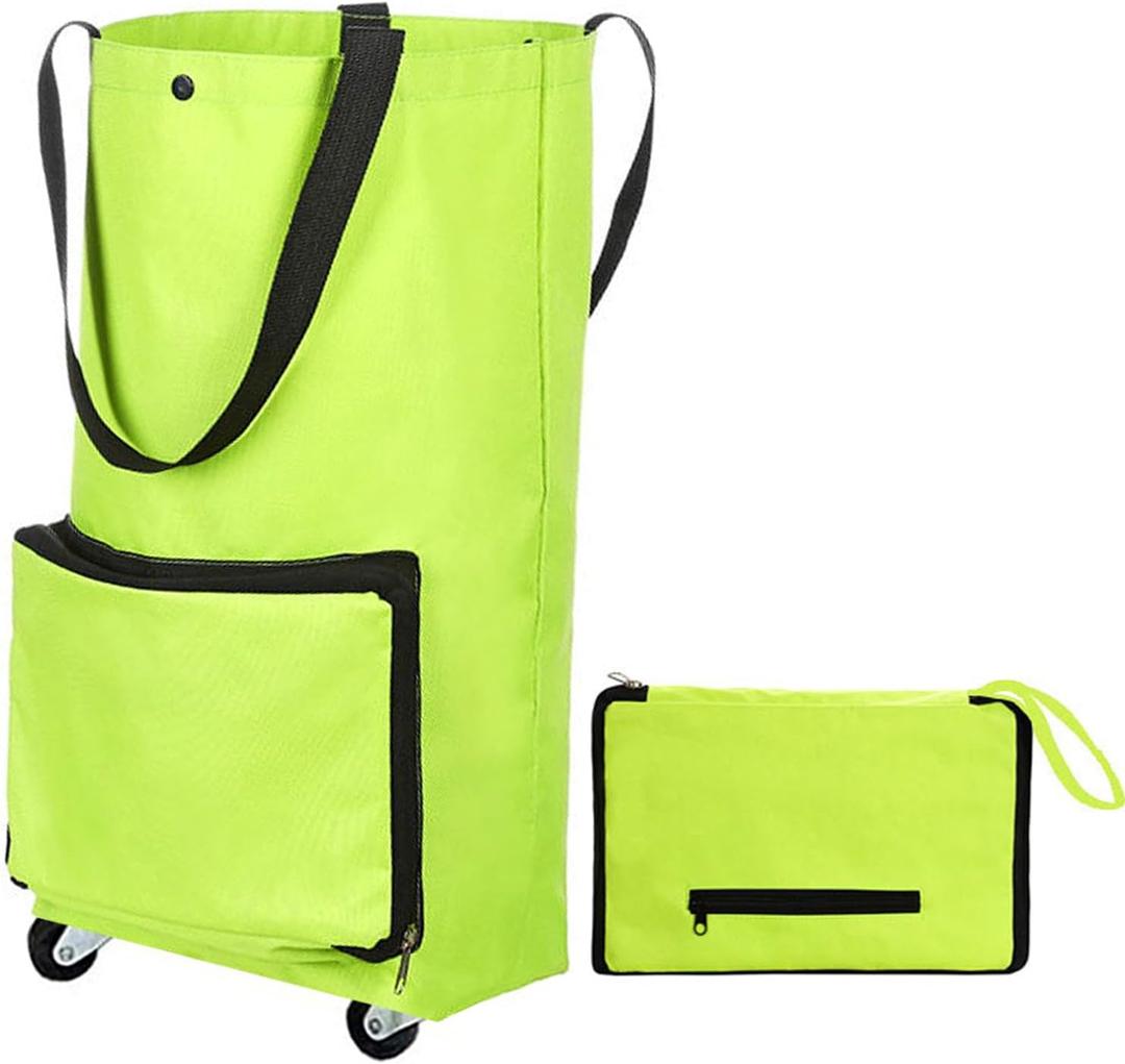 Shopping Bag with Wheels, Portable Trolley Bags Foldable Tote Grocery Cart, Reusable and Collapsible Utility Bag, 360 Swivel Wheels, Large Capacity for Travel and Home (Green)