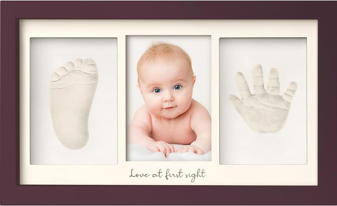 Baby Hand and Footprint Kit - Clay Handprint Keepsake Frame, Newborn Nursery Picture Frame, Personalized New Mom Gifts for Baby Shower & Registry (Auburn) (Duo Frame, 13" x 7.9")