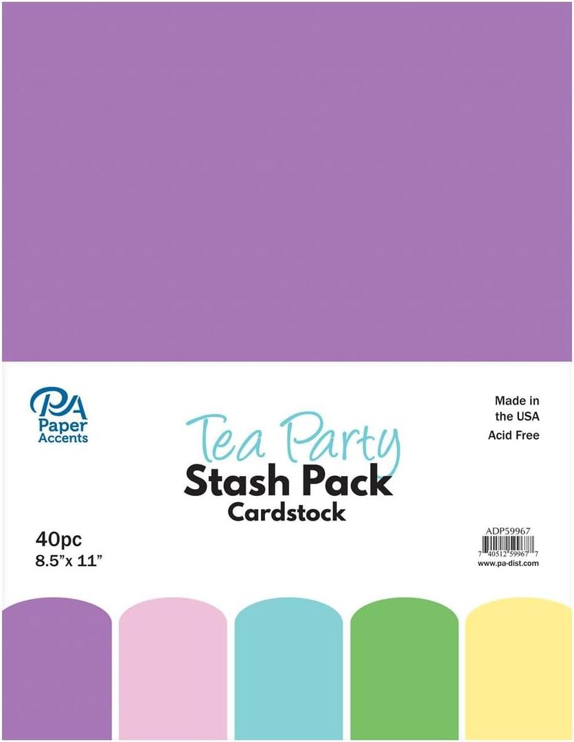 PA Paper Accents Stash Pack Cardstock Pack 8.5" x 11" Tea Party, colored cardstock paper for card making, scrapbooking, printing, quilling and crafts, 65lb., 40 pieces