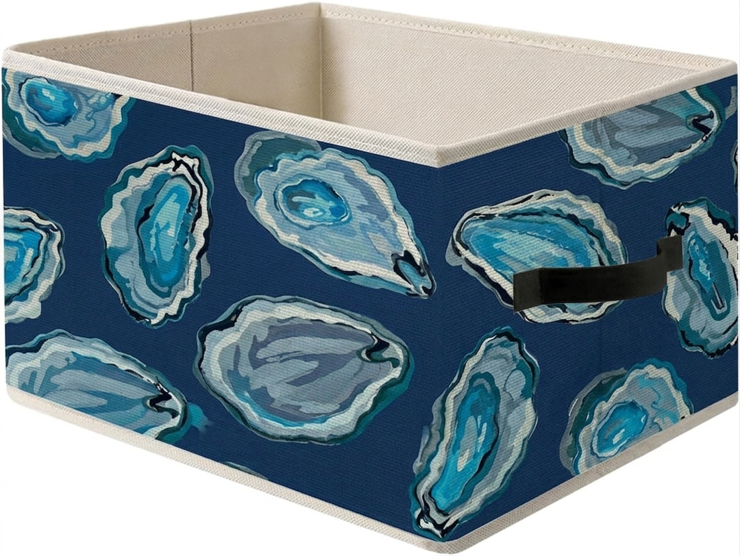 Blue Oyster Coastal Beach Storage Bins Box, Toybox for Boys Girls, Pastel Oyster Shell Ocean Foldable Baskets Organizer with Handles for Bedroom Bathroom Home Clothes Toys Books