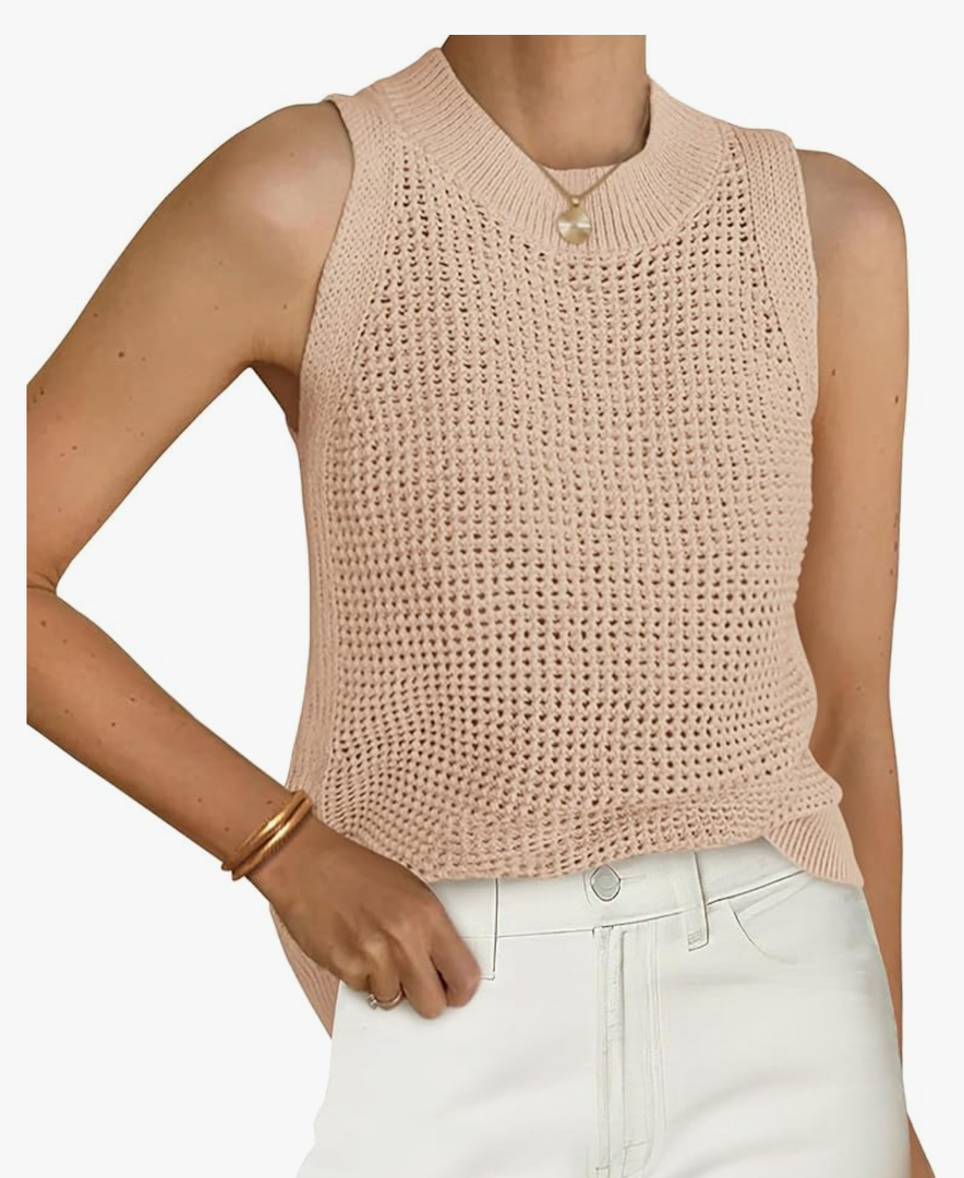 PRETTYGARDEN Summer Crochet Tank Tops for Women 2025 Casual Crewneck Hollow Out Loose Knit Sleeveless Sweater Vest Top Trendy, Size S