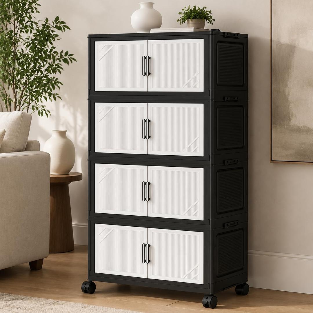 4 Tier Foldable Storage Cabinet with Wheels and Magnetic Doors, Premium PP Material Large Storage Organizer, Space-Saving Utility Storage for Home, Apartments, Dorm, Office, Rv