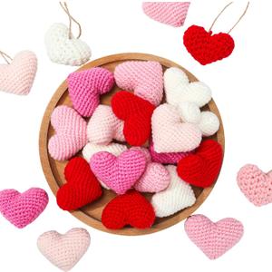 25Pcs Crochet Heart Shaped Ornaments Red Pink White Valentine Ornaments for Small Tree Valentines Day Gift DIY Knitting Heart Ornament Home Party Decoration
