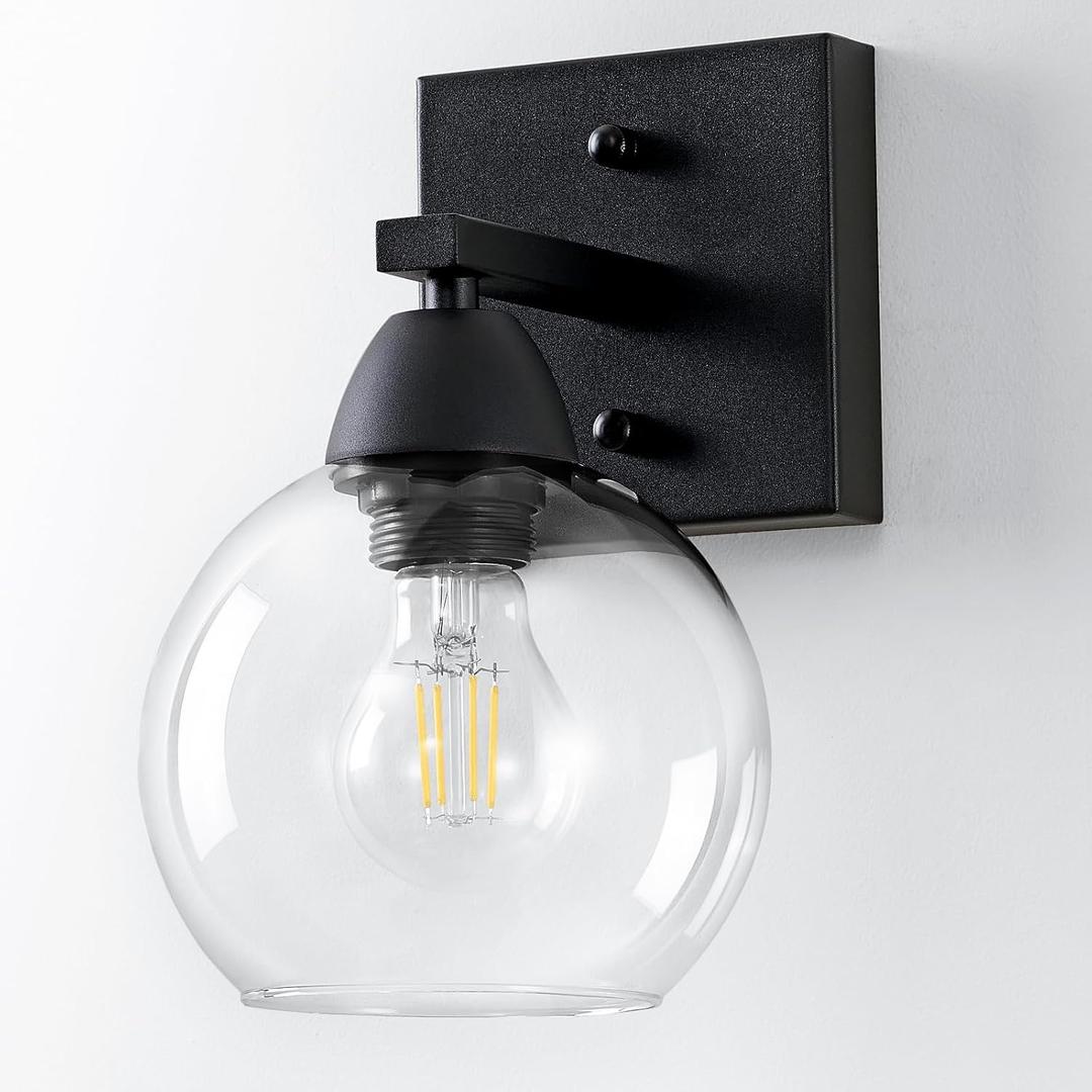 Bathroom Light Fixtures, 1-Light Matte Black Vanity Light with Hand-Blown Globe Glass Shade, High Clarity & Durable, Wall Sconce for Mirror, Kitchen, Bedroom, Hallway