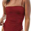 Women's Sexy Ruched Bandeau One Piece Swimsuit Bathing Suit Slimming Swimwear, Super Cheeky Coverage, High Leg Cut (6, Burgundy Red)