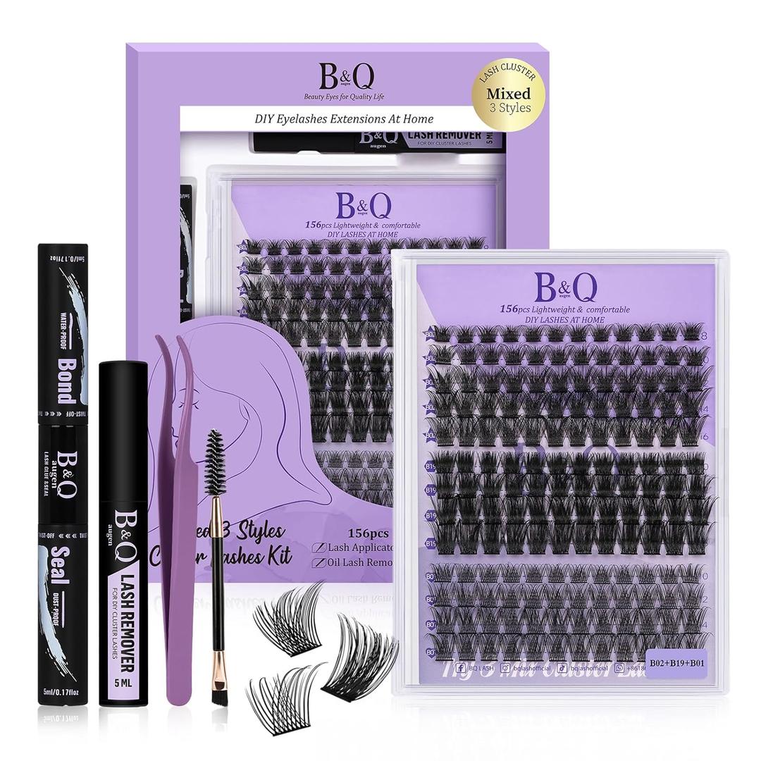 B&Q Lash Clusters Kit B01+B02+B19 Natural DIY Lash Extension Kit for Beginners 156 Pcs Eyelash Extension Kit 8-16mm Lash Kit Eyelash Kit with Lash Bond and Seal, Lash Remover(Kit, Andromeda) (D-8-16MIX, lash kit-B01+B02+B19)