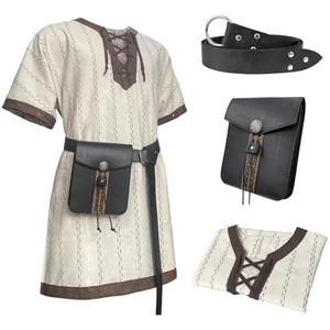 HiiFeuer Medieval Stripe Loose Tunic Top, with Vintage Belt and Bag, Renaissance Knight Lace Up Shirt, Viking Pirate Costume, XXL