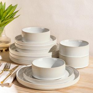 TheTerra Ceramic Dinnerware Sets for 4, 12 Pieces Porcelain Lightweight Plates and Bowls Sets, Scratch Resistant Dish Set, Oven & Microwave & Dishwasher Safe (Reactive White)