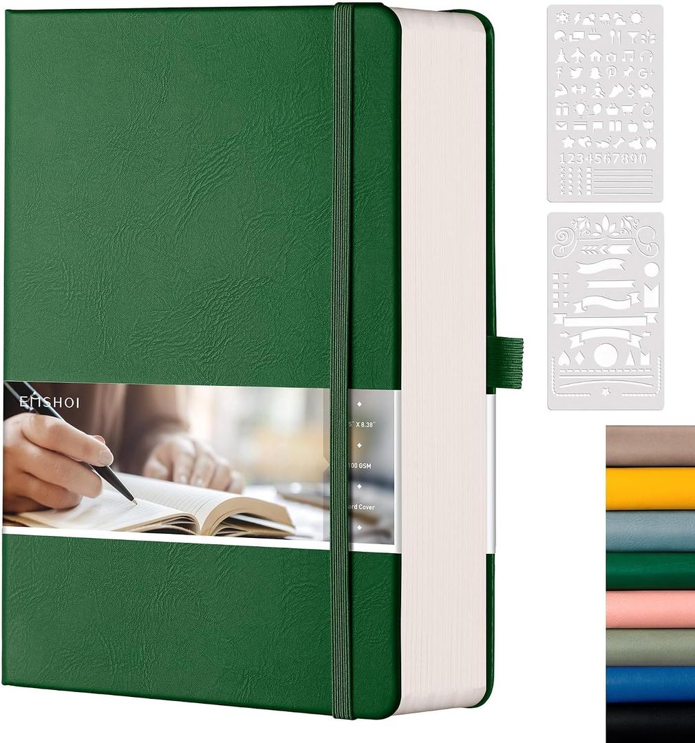EMSHOI Dotted Journal Notebook, 320 Pages, A5 Small 5.75"x8.38", PU Leather Hardcover, 100 GSM Thick Paper, 5mm Dot Grid Notebook for Journaling, Planning, Drawing, Writing, Dark Green