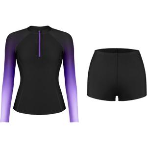 ATTRACO Women's Two Piece Rash Guard UPF 50+ Long Sleeve Bathing Suit Built-in Bra Zipper Front Swim Shirts (Large, Purple)