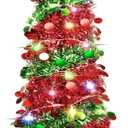 5 FT Collapsible Sequin Pop Up Christmas Tree with 90 LED Lights, Skinny Pencil Tinsel Xmas Tree with Stand for Apartments