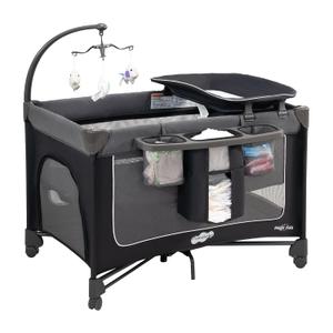 Pamo Babe Magic Fold Pack and Play with Bassinet 1 Step Set Foldable Playards Baby Playard with Changing Table Portable Playpen with Zip Door (Spanish Grey)