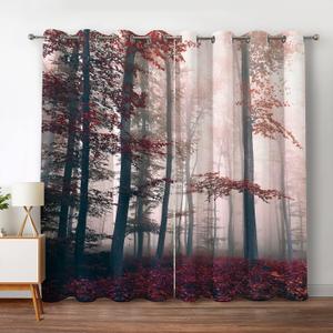 Jekeno Fall Tree Forest Blackout Curtains Autumn Tree Orange Leaves Mystic Foggy Forest Nature Scenery Wood Decor for Halloween Bedroom Living Room Grommet Window Drapes 2 Panel Set, 52"x84"
