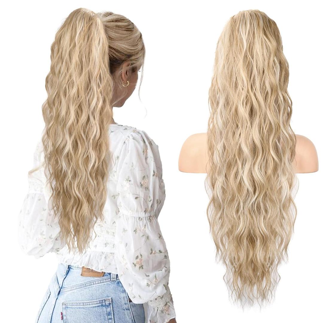 HOOJIH Ponytail Extension, Drawstring Ponytail Hair Extensions 26 Inch Long Curly Wavy Ponytail Natural Wavy Synthetic Hairpiece for Women Daily Use - Light Golden Blonde with White Blonde