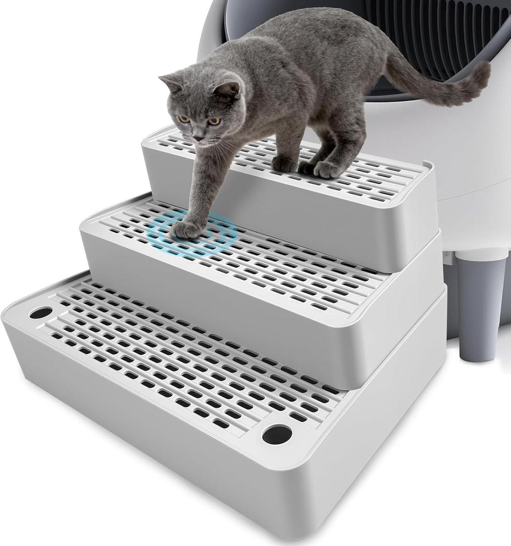 Adjustable 3 Steps Cat Litter Box Step, Litter Box Ramp with Filter Function, Non-Slip, Easy to Clean,Cat Litter Stair for Small & Elderly Cats (Light Grey)
