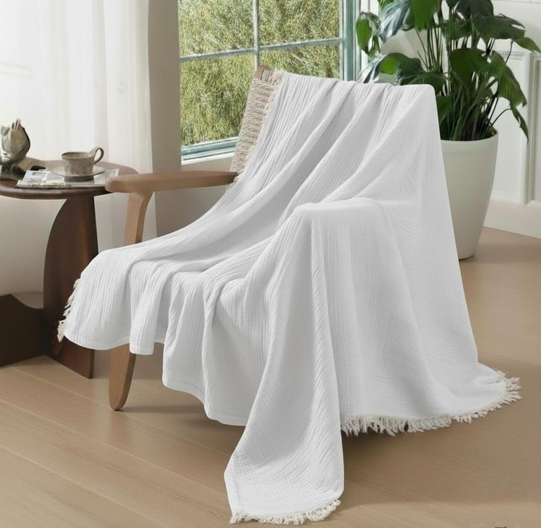 KyraHome 100% Cotton Muslin Blankets for Adults, Couch, 50"x60", Pre-Washed Plant Dyed, Breathable Lightweight Gauze Bed Blanket, All Season (White) (Throw)