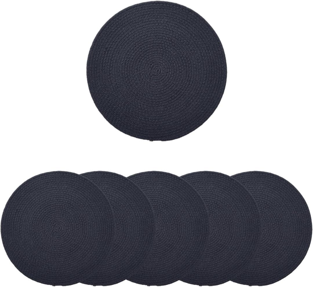 Encasa XO Dining Placemats Set of 6 | Cotton Round Table Mat - 13 in Diameter | Dark Blue | Handmade Rib Style Chargers for Dinner Plates