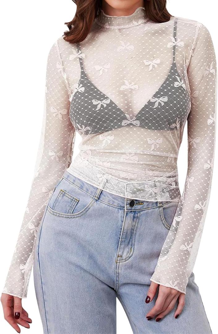Women Lace Mesh Bow Knot Long Sleeve Tops Mock Neck See Through Sexy Blouse Shirts Sheer Layering Clubwear (White, S)