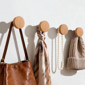 4 Pack Wood Hooks No Damage Wall Hooks Round Rings Adhesive Hooks Clothes Friendly for Coat Hat Towels Backpacks Bedroom Entryway Hallway Saving Space Natural Modern Home Decorative (Beech)