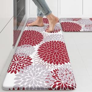 Anti Fatigue Kitchen Mats for Floor 2PCS,17"x47"+17"x29" Farmhouse Dahlia Kitchen Rugs Non Slip Rubber Backing,Waterproof Cushioned Standing Mat for Office,Laundry,Sink,Desk,Red