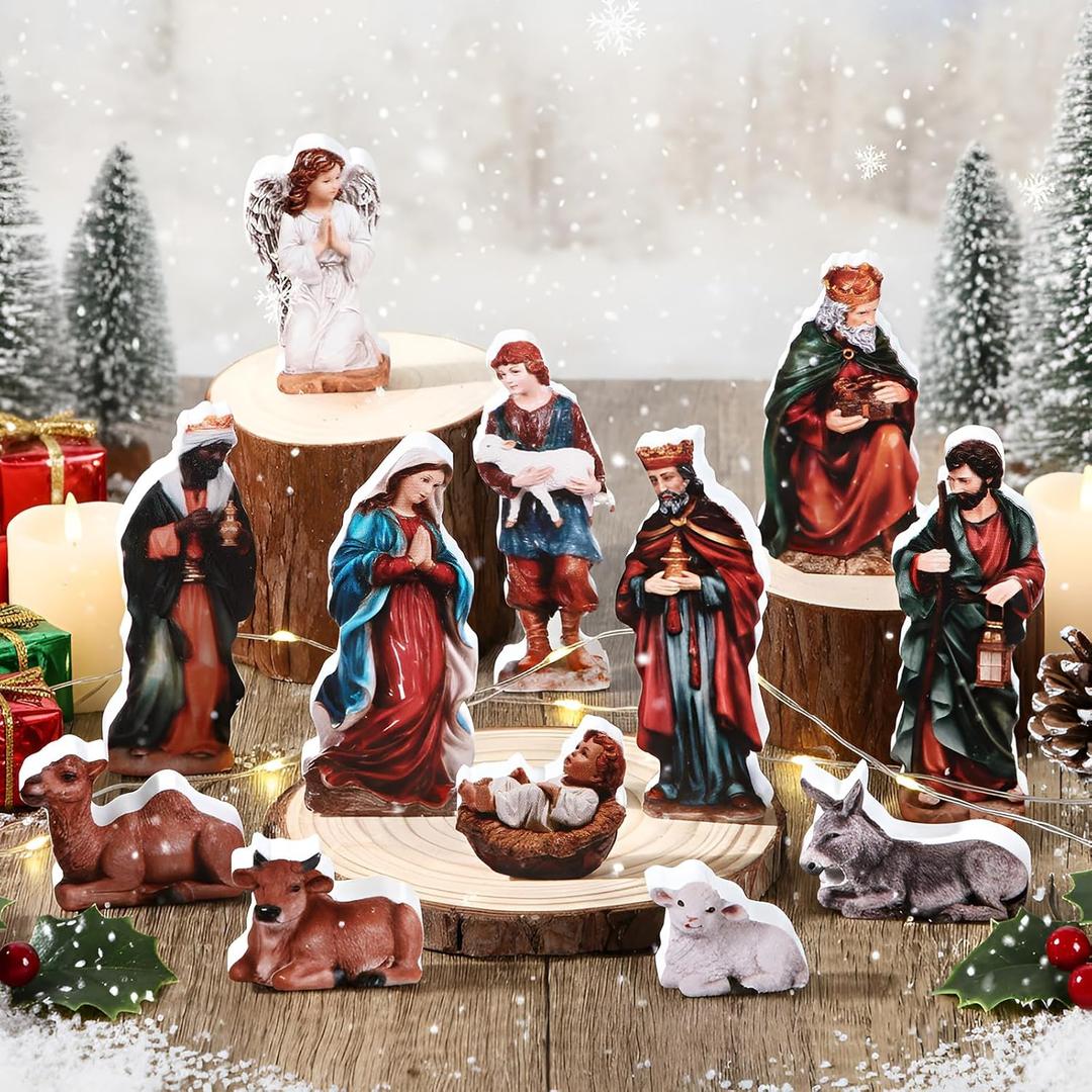12 Pcs Mini Nativity Scene Set for Christmas Indoor Decor Wooden Little Nativity People Set Mini Jesus Christmas Ornaments Gifts Xmas Tabletop Scenes Figures (Dignified Style)