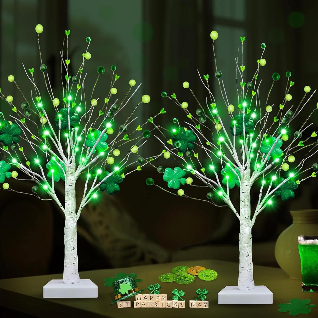 Prelit & Timer - St. Patrick's Day Decorations, 2 Pack 18 Inch St Patricks Day Tree Tabletop Lighted Birch Tree 24 LED Green Lights Shamrock Berries Battery Operated St. Patrick's Day Decor Home Party