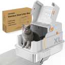 TENTIZON Stainless Steel Cat Litter Box with Lid, Large Covered Enclosed Kitty Litterbox with Hood, Flip Top, High Side, Litter Mat, Scoop for Big Cats, Kitten, No Odor, No Mess, Easy Clean, Grey (XL)