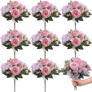 Yunsailing 8 Packs Artificial Peony Flowers Faux Silk Hydrangea Bouquet Vintage Wedding Home Table for Door Decor Reusable Bouquet of Rose Flowers for Valentine Wedding Birthday Party, (Pink Purple)