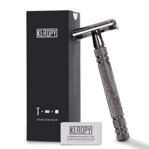Double Edge Safety Razor with 10 Disposable Blades, Butterfly Open Head Features - Washable Reusable Metal Razor, Ergonomic Design Portable Shaving Kit for Beard Shape Up - Gloss Black