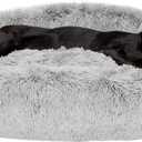 Furhaven 45" Round Calming Donut Dog Bed for Large Dogs, Refillable w/ Removable Washable Cover, For Dogs Up to 90 lbs - Shaggy Plush Long Faux Fur Donut Bed - Mist Gray, Jumbo/XL, 45.0"x45.0"x9.0"