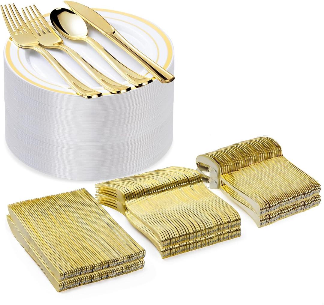 300PCS Gold Plastic Plate Set (50 Guests), Plastic Plates for Party Wedding Birthday, Disposable Dinnerware Set of 100 Plates, 100 Forks, 50 Spoons, 50 Knives for Christmas