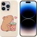 JOYLAND Cute Capybara Pattern Phone Case for iPhone 14 Plus,Kawaii Animal Printed White Liquid Silicone Case Soft Shockproof Protection Shell with Soft Microfiber Lining for Girls Women