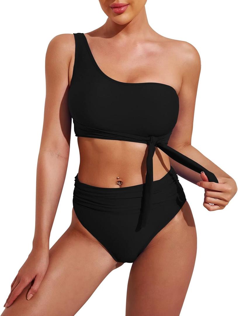 Pink Queen Women's One Shoulder High Waisted Bikini Set Two Piece Tie Ruched Swimsuit (Medium, Black)