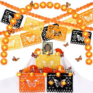 Newwiee 56 Pcs Dia De Los Muertos Decorations Kit, Ofrenda Decorations for Altar Include Marigold Garland LED Light, Garland, Paper Flowers, Butterfly, LED Candle, Banner for Day of the Dead(Orange)