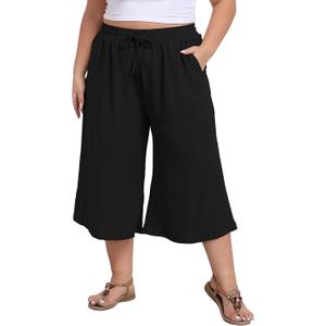 goodmansam Women's Plus Size Capri Culottes Pants High Waisted Wide Leg Palazzo Trousers with Pockets for Summer Casual Wear (2X, Black)