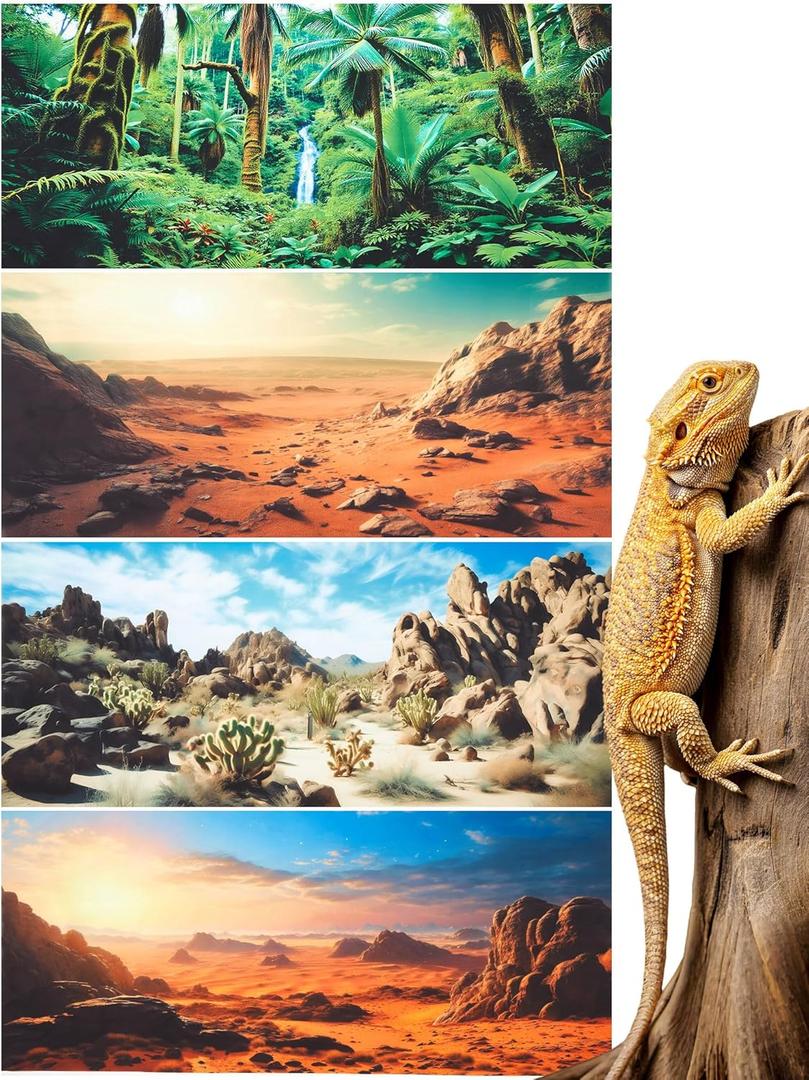 Breling 4 Pcs 36 x 18 Inch Reptile Habitat Background with Nano Glue Gobi Sun Cactus Stone and Green Tree Fern Stream Bearded Dragon Terrarium Background Polyester Durable Aquarium Accessories
