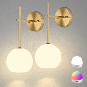 Gold Battery Operated Wall Sconces Set of 2, Rechargeable Wireless Wall Lights with Milky White Frosted Glass Shade, 12 RGB and 3CCT Dimmable, Wall Lamps with Remote for Bedroom Living Room Hallway